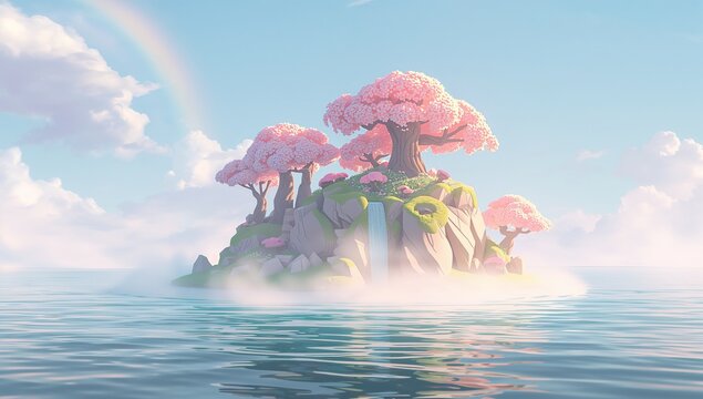 Serene Island with Pink Cherry Blossom Trees Under a Rainbow Sky