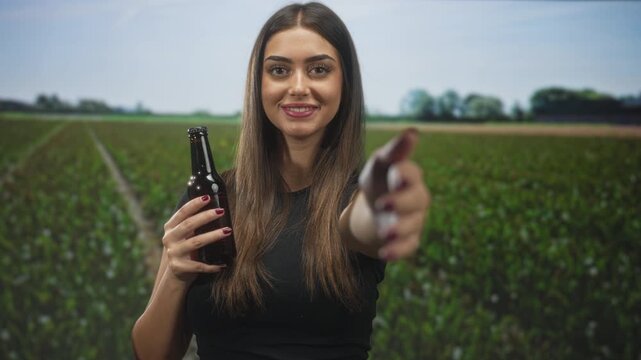 Woman wearing black top holding a beer bottle and reaching with outstretched hand while smiling in studio; friendly invitation.