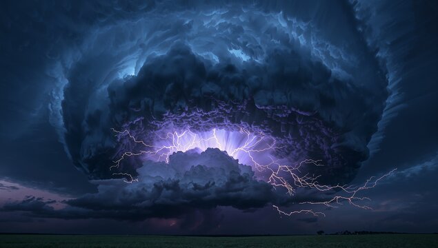 Dramatic Storm Cloud with Lightning Strikes Over Dark Landscape