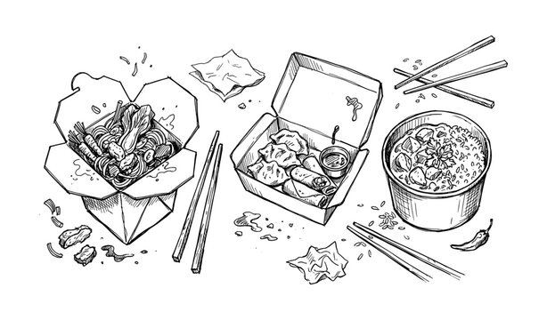 Hand-drawn takeout noodles spring rolls rice chopsticks asian cuisine sketch