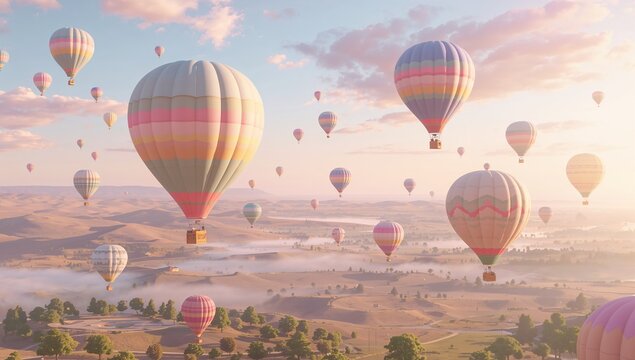 Colorful Hot Air Balloons Floating Above Scenic Landscape at Sunrise