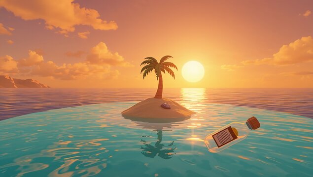 Tranquil Island Sunset with Palm Tree and Message in Bottle
