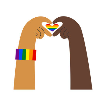 Diverse hands show love gesture with rainbow heart. Queer and heterosexual friendship. LGBTQ pride, queer rights, visibility and awareness concept. Inclusion and diversity illustration.