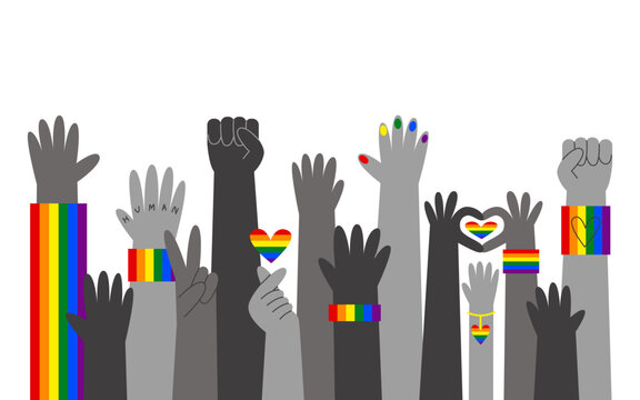 Diverse heterosexual and LGBT hands with different skin tones, flags and symbols. Concept of diversity, inclusion, pride month, equality, identity, and support for LGBTQ community.
