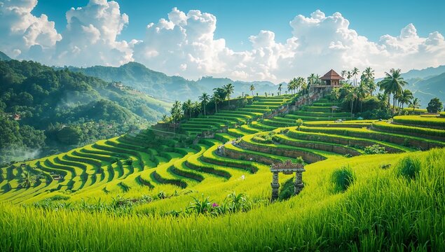 Lush Green Rice Terraces Under Bright Sky with Fluffy Clouds