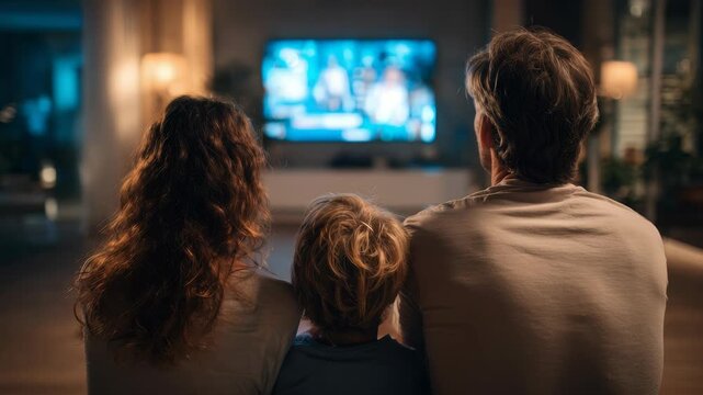 Back view of a mother, father, and young son relaxing on a couch while watching TV in a modern, comfortable living space. The atmosphere is peaceful, intimate, and filled with family bonding