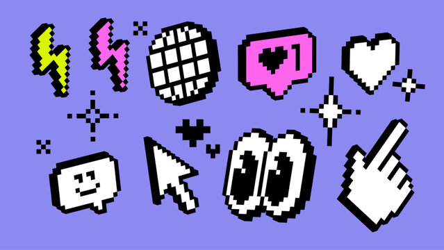 3D pixel stickers in retro 8-bit Y2K style. Cool emoji and UI icons. Cursor, hand, heart, smile, globe, eyes and lightning. Trendy digital set for social media, apps and messaging design