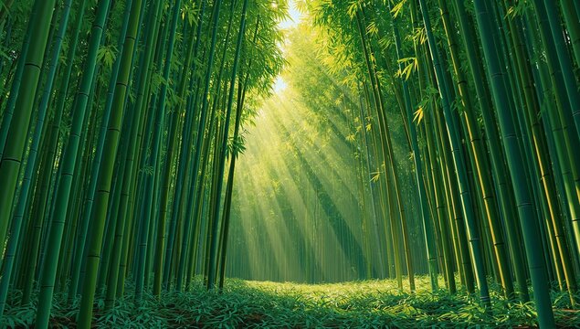 Serene Bamboo Forest with Sunlight Streaming Through Green Leaves