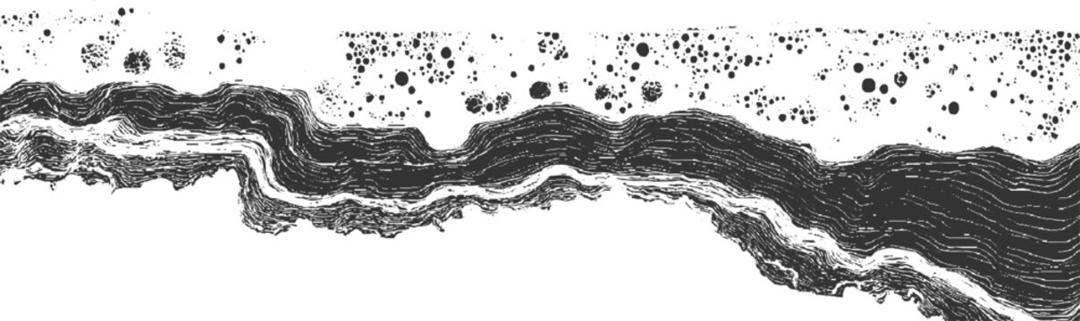 Abstract dark gray wavy lines and scattered dark circles on white background