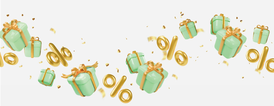 3d gold signs percent discount and green gift boxes flying. spring sale banner. April may colors isolated promo poster Vector illustration.