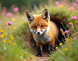 Obraz premium Small fox kit with bright eyes peeks from den in green meadow with colorful flowers. Young wild animal explores its natural habitat during daylight, showing curiosity.