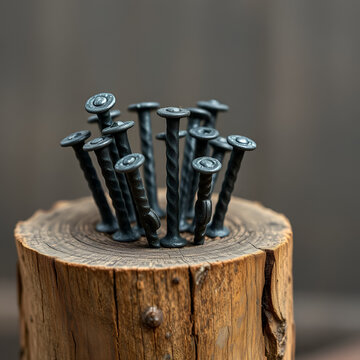 Iron hobnails on the wooden stub. Brutal male style. Rings of nails