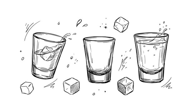 Hand-drawn sketch of three empty glasses with ice cubes and splash effects