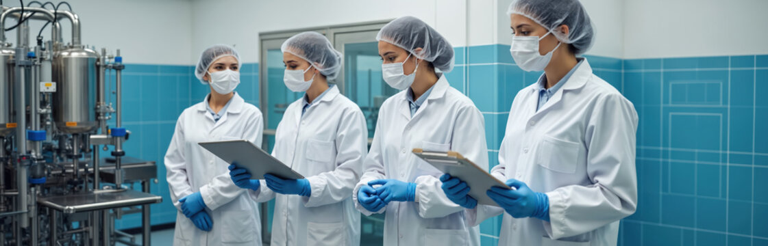 Four women in lab coats hairnets, masks check machinery in sterile factory. Hold clipboards, tablets reviewing production data. Workers monitor equipment in clean room setting for product manufacture.