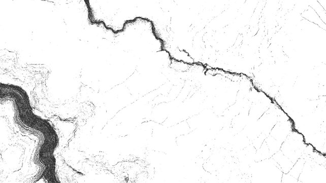 Abstract monochrome topographic map texture with dark winding river and contour lines