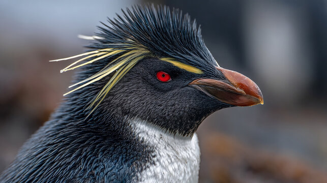 A close-up profile view of a crested penguin's distinctive head