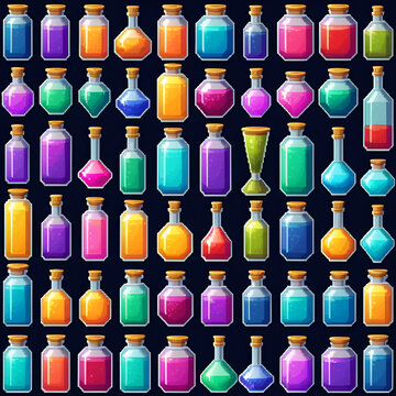 Pixel art magic bottles, potions, alchemy flasks and fantasy elixirs in different colours and forms. Vector illustration. 8bit old game style. Each square is 10x10 px in size