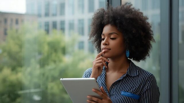 Young Black woman with afro hair thoughtfully looking down holding a tablet near a window image photo