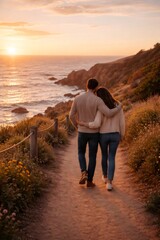 Fototapeta premium Couple embracing, walking on a winding trail near the ocean, enjoying a romantic sunset over the water, finding togetherness and travel inspiration along the scenic coastline