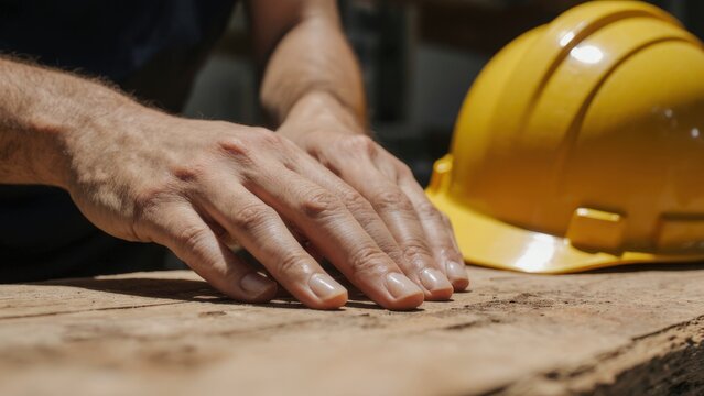Worker hands on raw wooden planks beside yellow safety hard hat, detailed industrial close-up highlighting craftsmanship, labor and protection

