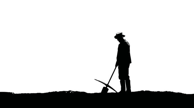 Silhouette of a diligent person digging soil with a tool, symbolizing hard work, agriculture, and rural life in a minimalist style.
