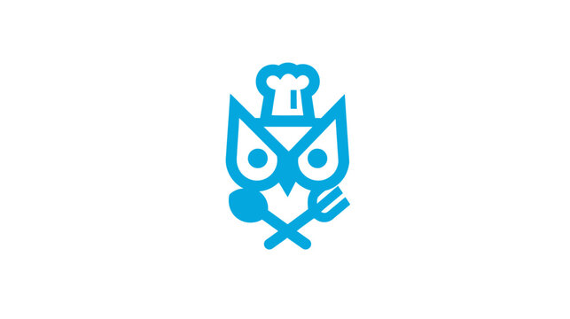 Cute Blue Owl Chef Logo with Spoon and Fork. Modern Culinary Mascot Icon for Food Service and Restaurant Design