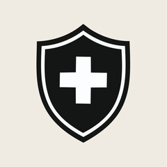 Fototapeta premium A monochrome graphic icon depicting a shield with a bold white cross, symbolizing healthcare protection, medical safety, and general well-being for digital and print applications