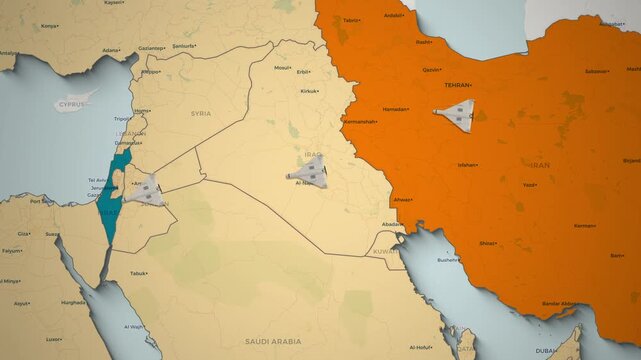 Drones flying towards Israel on a geopolitical map of the Middle East