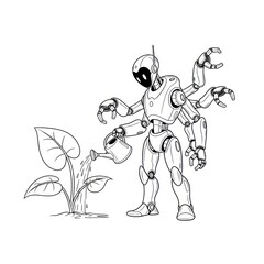 Obraz premium Multi-armed robot watering a plant line art illustration