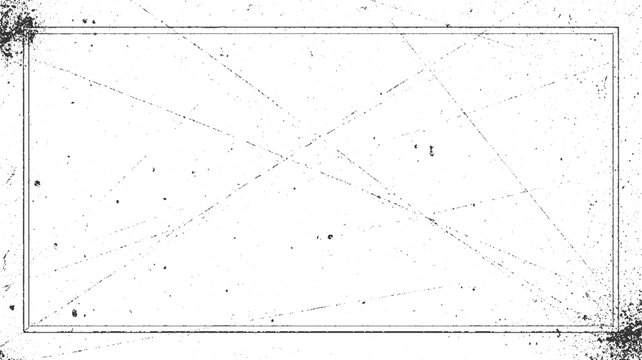 Black ink splatter and scratches on white background with double rectangular border grunge