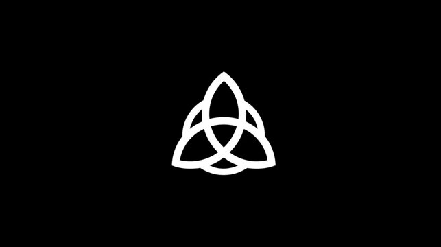 White Triquetra Celtic knot symbol on a black background. Abstract Trinity knot design element representing eternity, unity, and spirituality.