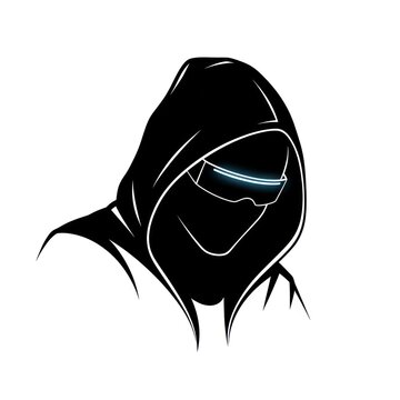 Mysterious hooded figure wearing futuristic glowing visor glasses