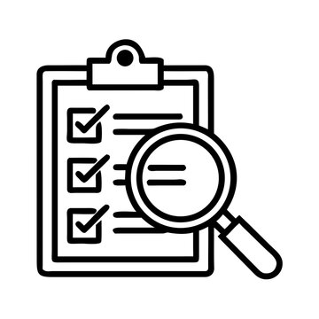 Magnifying glass over checklist on clipboard icon represents review process
