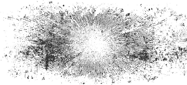 Black ink radial burst pattern with distressed speckle texture on white background abstract