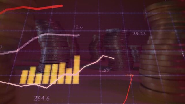 Glowing digital financial graphs and bar charts superimposed over tall stacks of coins on a dark red background.