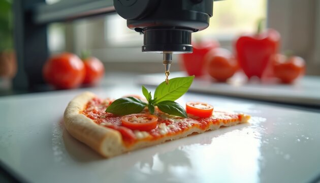 3D printer creates pizza slice with basil and tomato. Machine adds ingredients. Futuristic food prep, automated cooking, innovative kitchen tech. Future of dining.