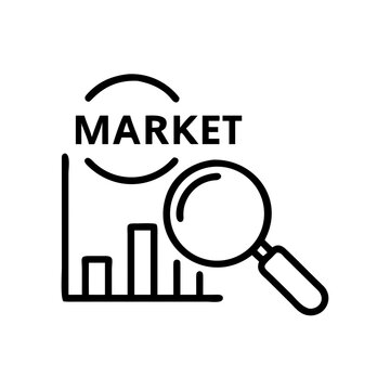 Market analysis bar chart graph data with magnifying glass and text