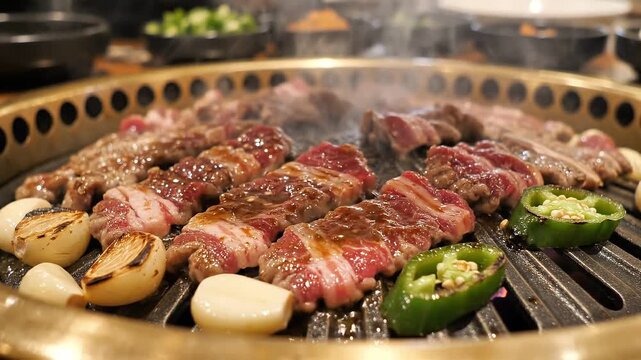 Assorted Meats and Vegetables Grilling on a Round BQ Plate 4K Video