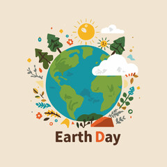 Naklejka premium Vector illustration of Earth Day in a flat design style, featuring a colorful and stylized depiction of the planet Earth, surrounded by lush green trees, vibrant blue oceans, and fluffy white clouds