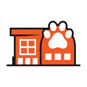 Pet friendly home or animal shelter with paw print on building welcoming atmosphere and vibrant orange color scheme