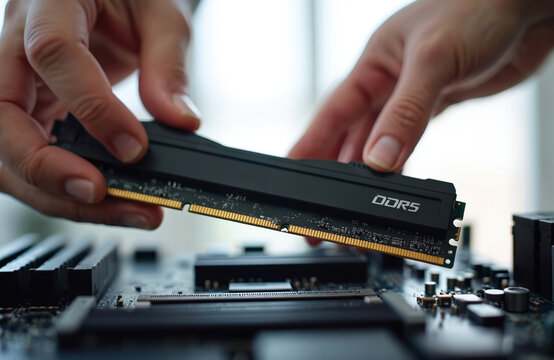 Person installs new DDR5 RAM module into computer motherboard slot. Upgrading PC memory for better performance. Close-up view of hand holding hardware component.