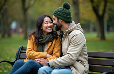 Fototapeta premium Happy mixed race couple sit on park bench holding hands. Woman in yellow sweater, man in beige jacket. Share warm smiles, gaze at affectionately, enjoying autumn weather together. Love, connection,