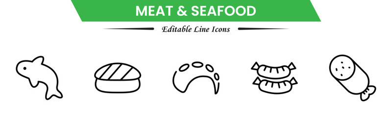 Obraz premium Meat and seafood icons depicting steaks, fish, shrimp, chicken, fillets, shellfish, cooking, grilling, freshness, protein, nutrition, butchery, cuisine, preparation, and ingredients.