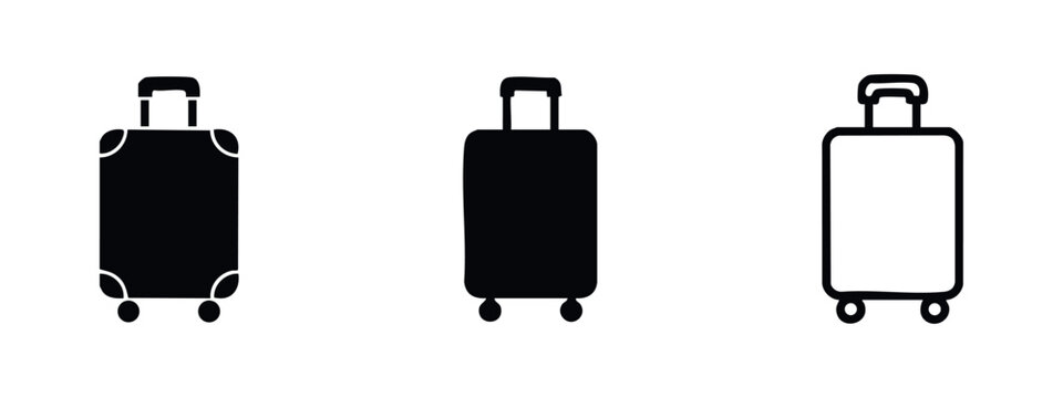 Set of black suitcase or luggage icons in various styles, perfect for travel and vacation-related designs.