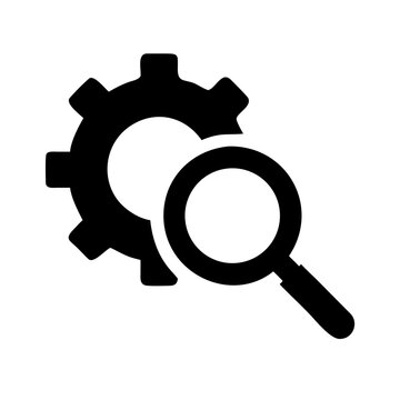 Magnifying glass over cogwheel for search engine optimization and development concept graphic