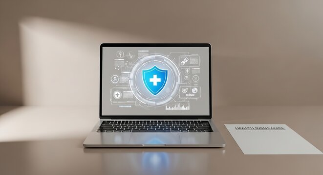 Laptop screen shows a digital medical shield icon representing secure healthcare data on a clean office surface.