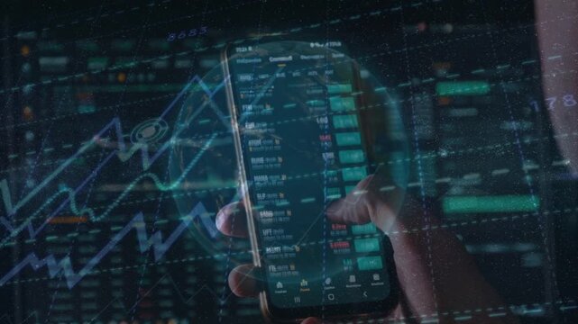 4K landscape of a hand holding a smartphone using a crypto trading application with digital data overlays and a global grid.