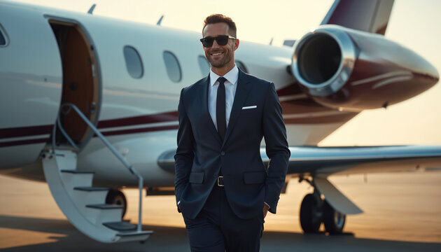 Smiling man in suit walks on tarmac near private jet. Successful businessman with shades arrives or departs aboard luxury aircraft. Business travel, finance, and wealth.