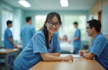Young Asian student smiles in medical scrubs. People train for health care careers in a teaching hospital. Future doctors learn medicine together in class.