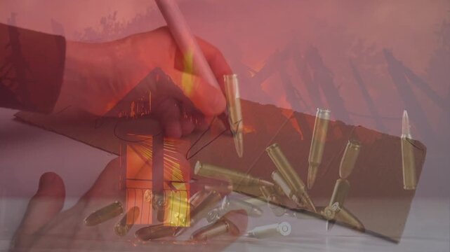 Dramatic 4K illustration overlaying "NO WAR" cardboard sign, falling bullets, and a backdrop of burning buildings and smoke.